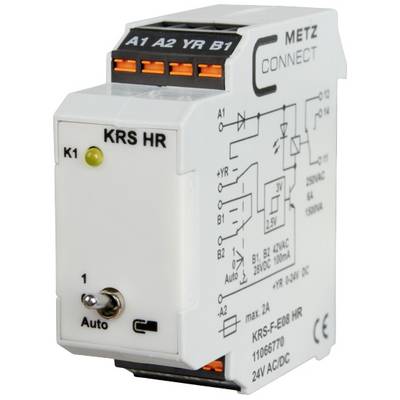 Elektrické spínacie relé s označeniami na povrchu vrátane 'KRS HR' a 'Max. 2A'. Hore sú svorky A1, A2, YR, B1.