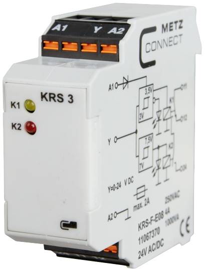 Relé modul od Metz Connect, model KRS 3, zobrazuje schému zapojenia a technické špecifikácie pre elektrické pripojenie.