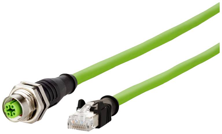 Zelený ethernetový kábel s kovovým konektorom a RJ45 zástrčkou, vhodný pre priemyselné sieťové aplikácie.