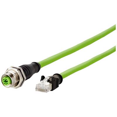 Zelený ethernetový kábel s kovovým konektorom a RJ45 zástrčkou, vhodný pre priemyselné sieťové aplikácie.