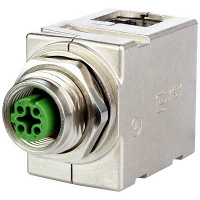 Obdĺžnikový kovový konektor s vnútornou zelenou časťou, navrhnutý pre priemyselné alebo elektronické aplikácie.