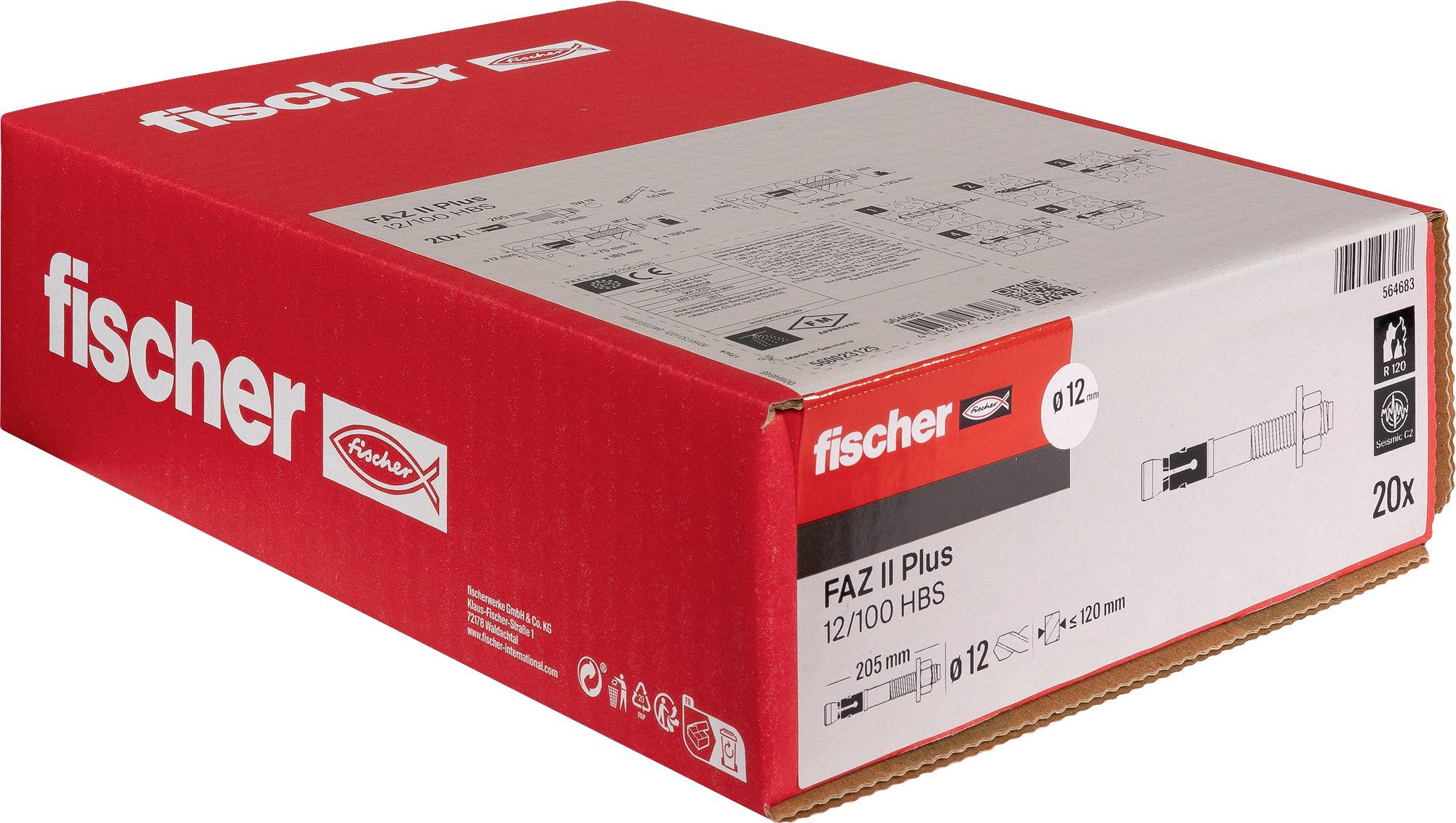 Červená krabica produktu Fischer označená „fischer" a „FAZ II Plus 12/100 HBS", zobrazujúca informácie o balení a schému kotvy na prednej strane.