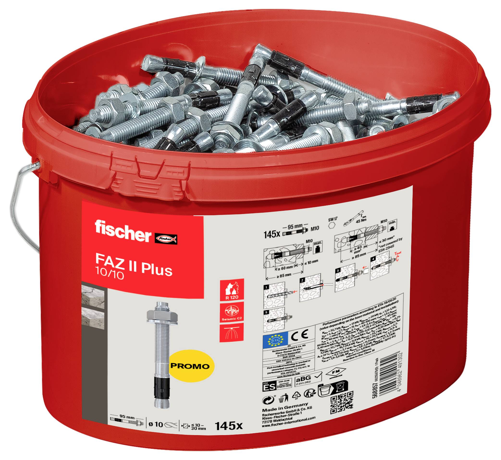 Červený vedierka fischer FAZ II Plus 10/10 kotevné skrutky do betónu, označené propagačnými a technickými informáciami, vrátane množstva 145 kusov.