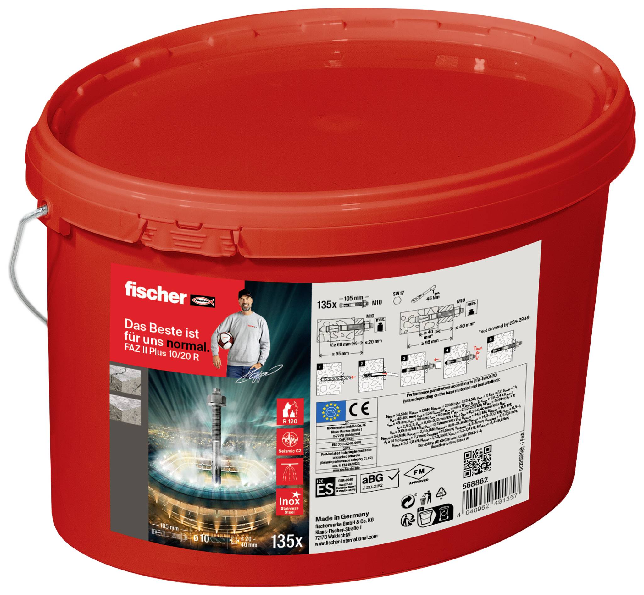 Červený vedier s logom Fischer, FZP II Plus 10/20 R kotevný svorník, 135 kusov. Obrázok vyššie zobrazuje návod na montáž a technické detaily produktu.