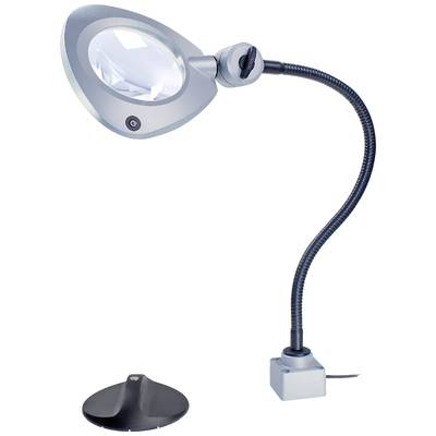 Strieborná stolná lampa s veľkou lupou a flexibilným krkom, vhodná na čítanie alebo prácu s malými detailmi.