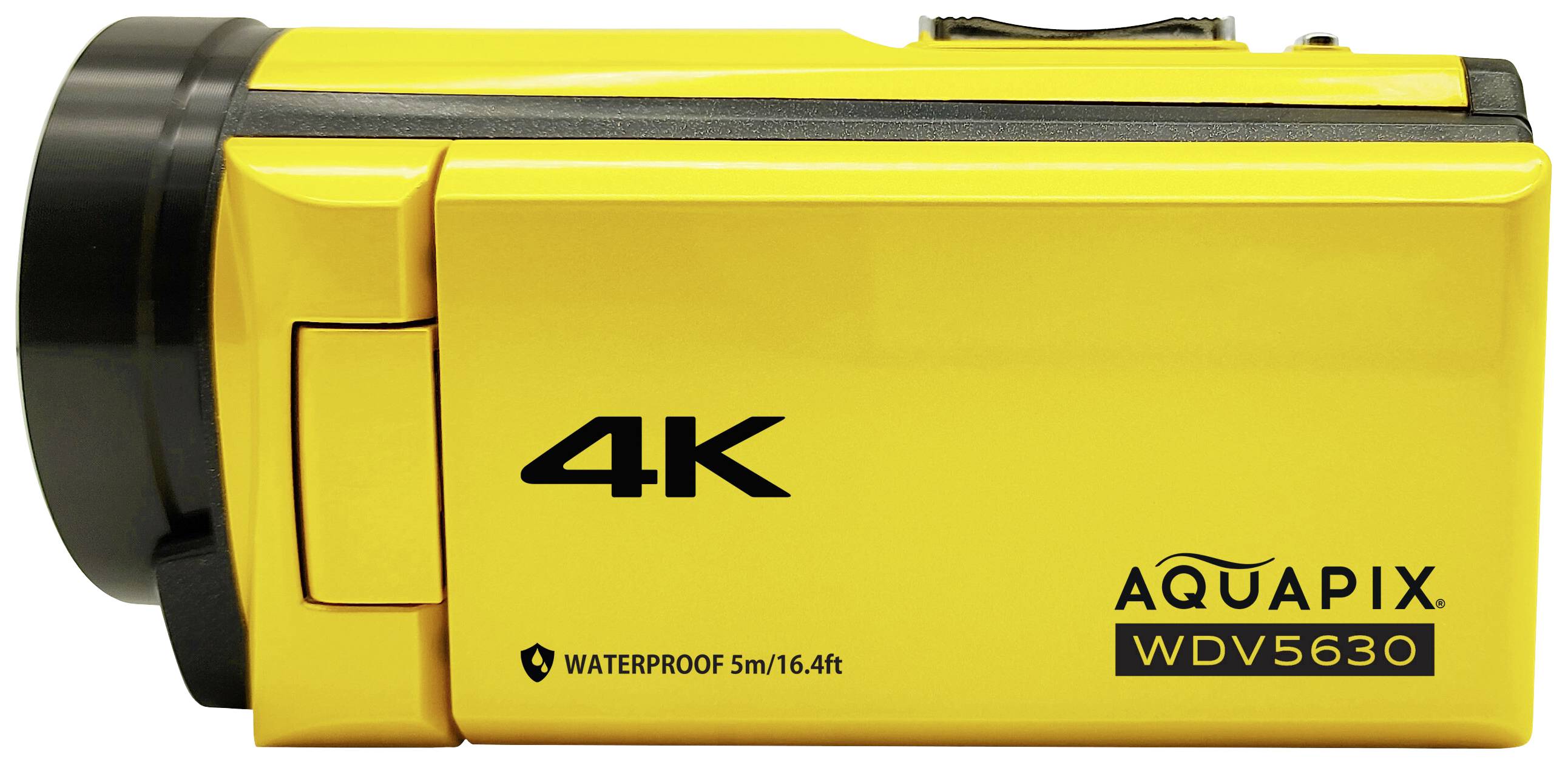 Žltá 4K videokamera značky Aquapix WDV5630, vodotesná do hĺbky 5 m.