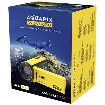 Obal Aquapix WDV5630, vodotesnej 4K video podvodnej kamery, zobrazuje potápača s koralovým útesom v pozadí.