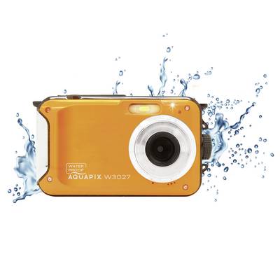 Oranžový vodotesný fotoaparát obklopený vodnými striekancami. Označenie modelu: 'AQUAPIX W3027'.