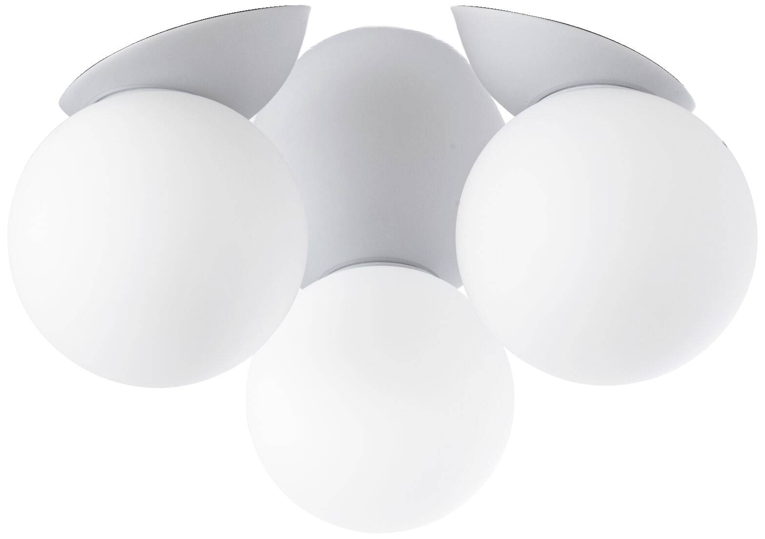 Biela stropná lampa s tromi guľovitými tienidlami, symetricky usporiadanými. Ideálna pre moderný interiér.