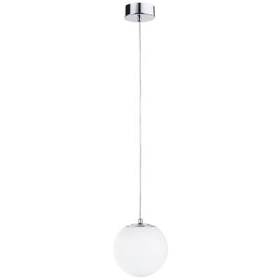Moderná závesná lampa s okrúhlou, mliečnou sklenenou guľou, ktorá visí na tenkom kábli z kovovej konzoly.