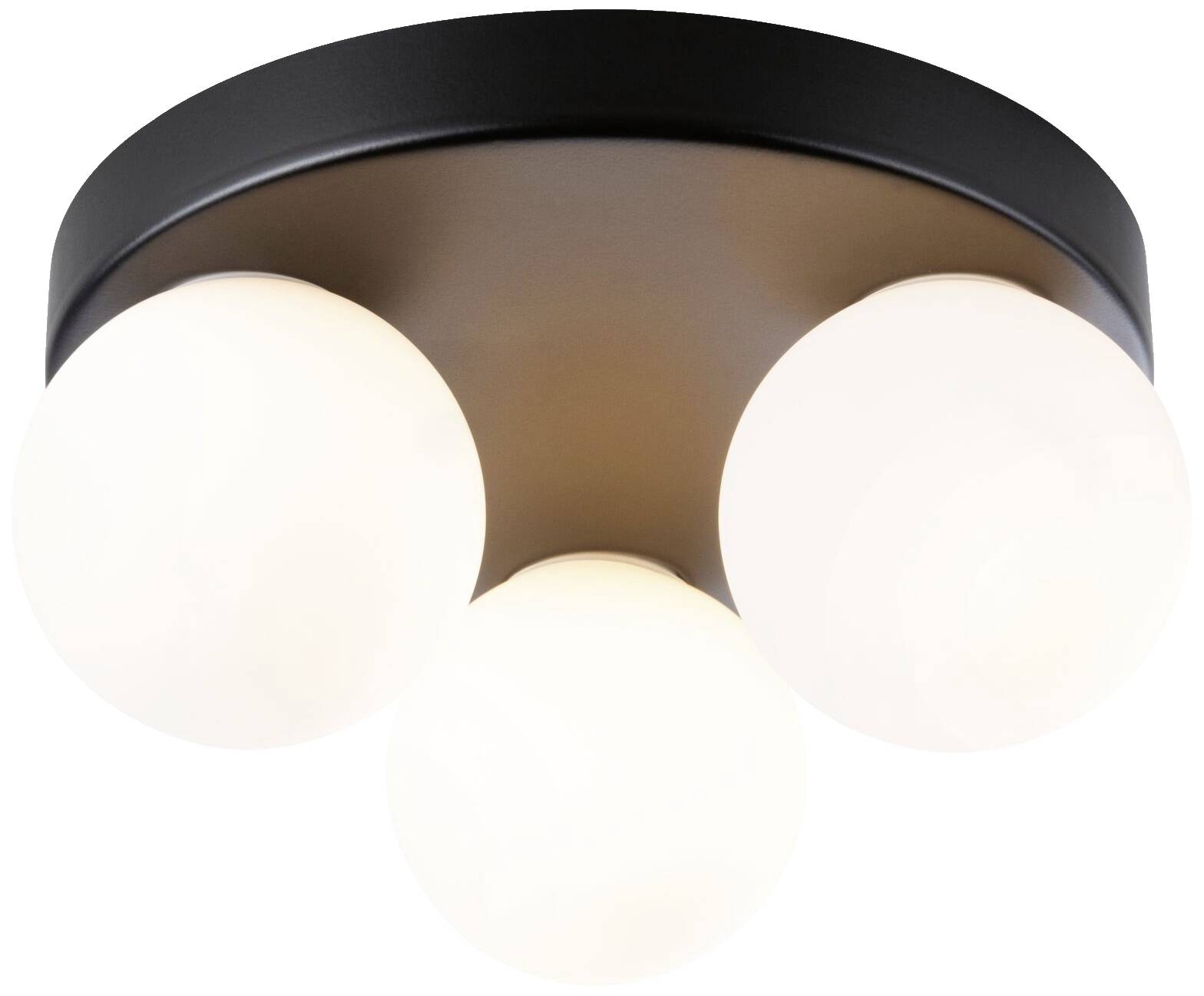 Čierne stropné svietidlo s tromi okrúhlymi bielymi svetlami. Tie sú symetricky rozmiestnené a vyžarujú rovnomerné svetlo.