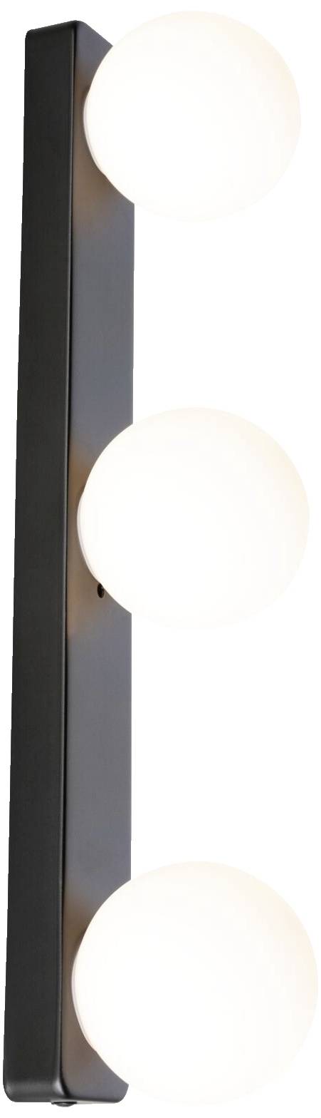 Moderná nástenná lampa s úzkym, vertikálnym čiernym rámom a troma okrúhlymi bielymi svetelnými telesami umiestnenými nad sebou.