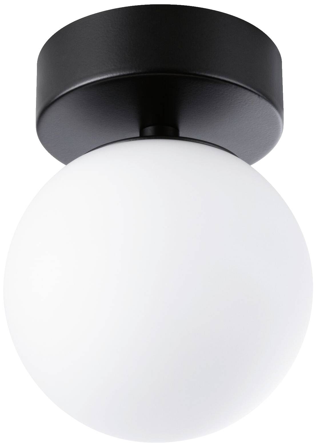 Okrúhle stropné svietidlo s čiernou kovovou základňou a bielym guľovitým skleneným difúzorom, vhodné pre moderné interiéry.
