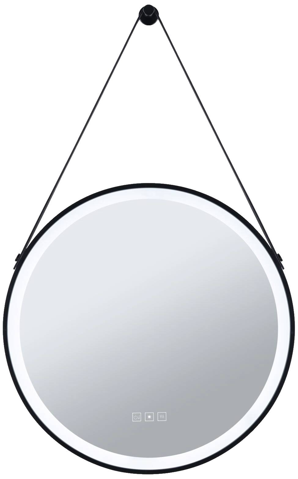 Okrúhle nástenné zrkadlo s čiernym rámom, zavesené na koženej šnúre. Zrkadlo má integrované LED osvetlenie.