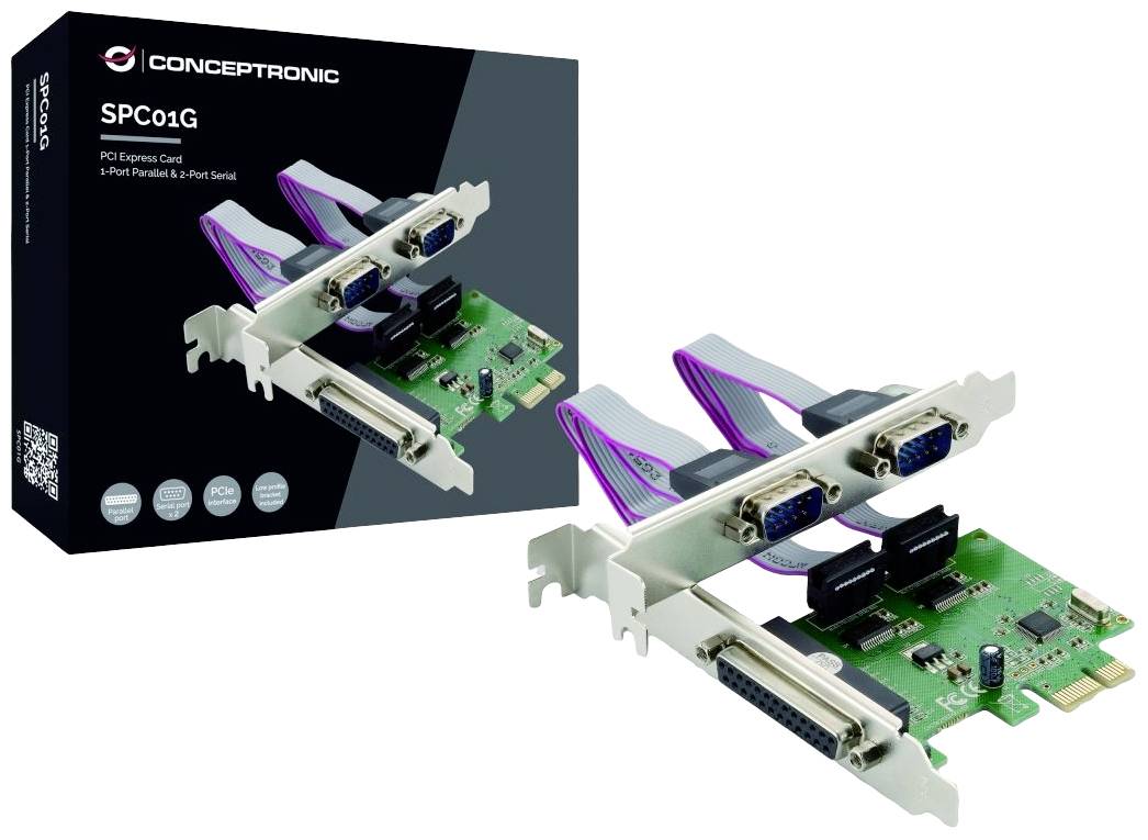 Produktová fotografia karty Conceptronic SPC01G do zbernice PCI Express s portami pre 3 paralelné a 2 sériové rozhrania. Balenie v pozadí.