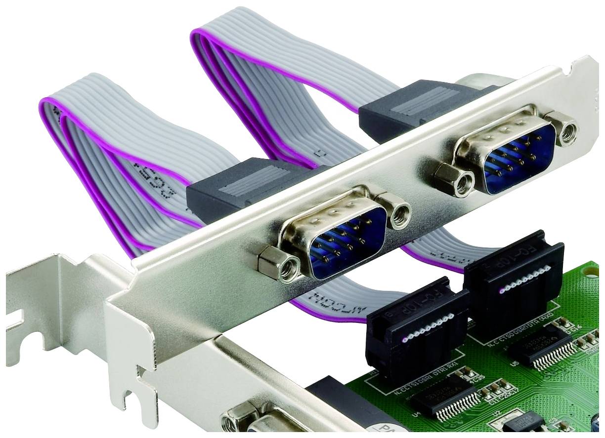 Rozširujúca počítačová karta s dvoma sériovými COM portami a dvoma USB portami, prepojená plochým pásom káblov.