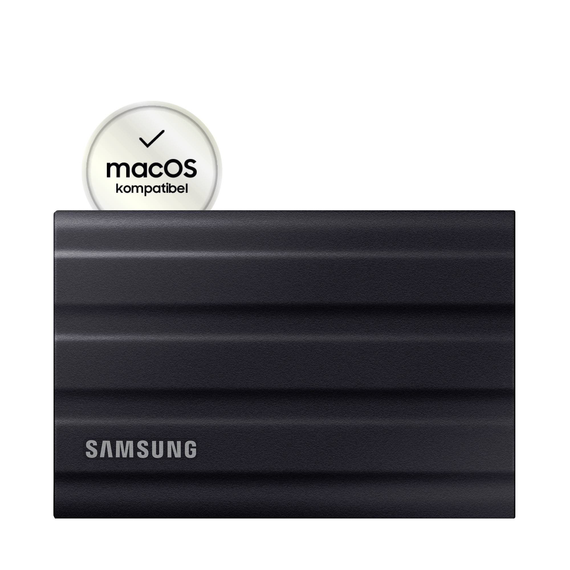 Externý pevný disk od Samsungu v čiernej farbe, vedľa ktorého je symbol fajky s textom „kompatibilný s macOS".