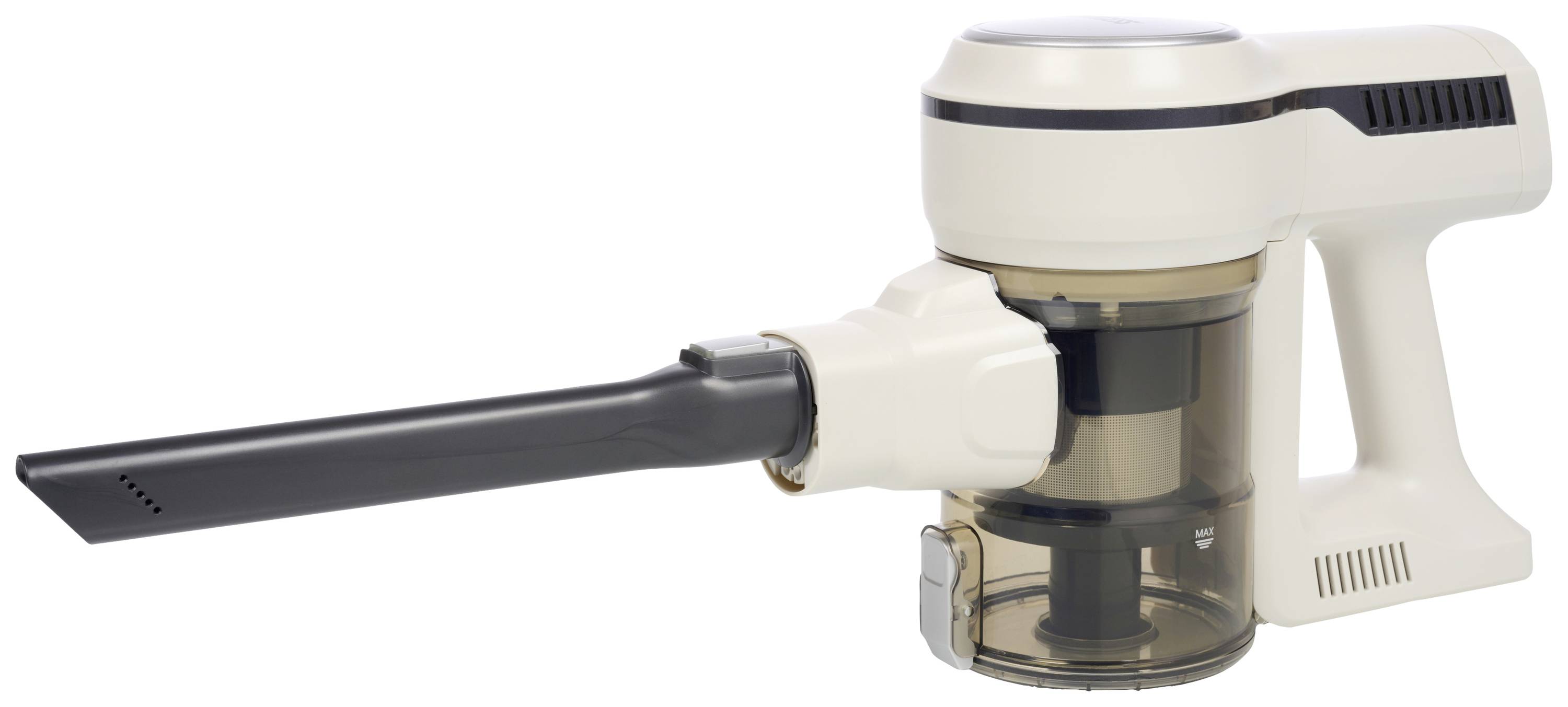 Bezdrôtový ručný vysávač s dlhou, úzkou sací trubicou, ideálny pre ťažko dostupné miesta. Biele puzdro s priehľadnou nádobou na prach.