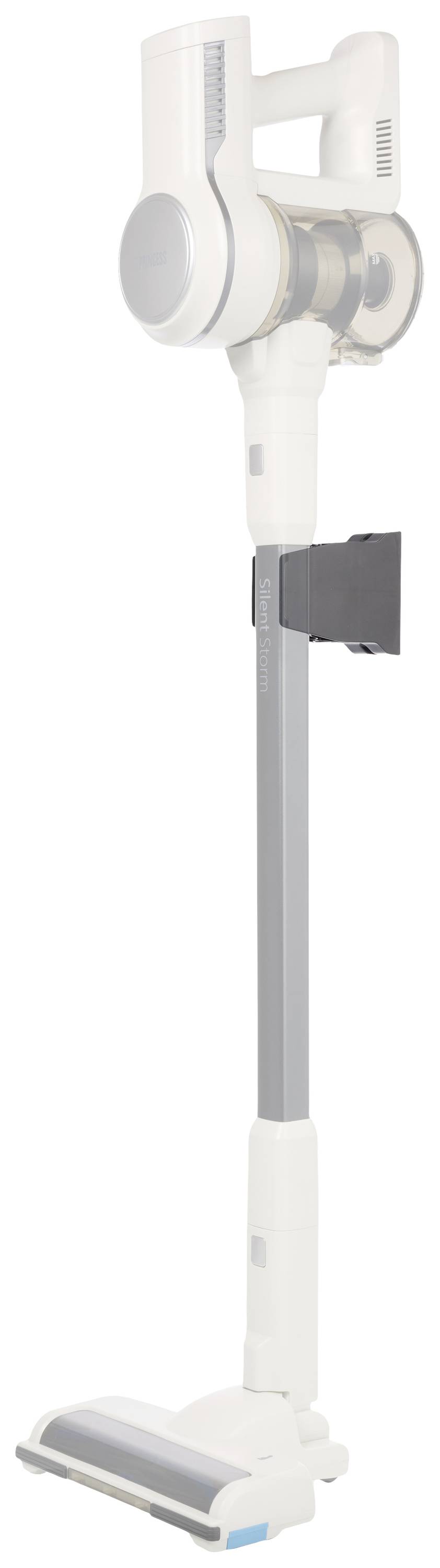 Bezdrôtový vysávač v bielej a sivej farbe, postavený vo vzpriamenej polohe.