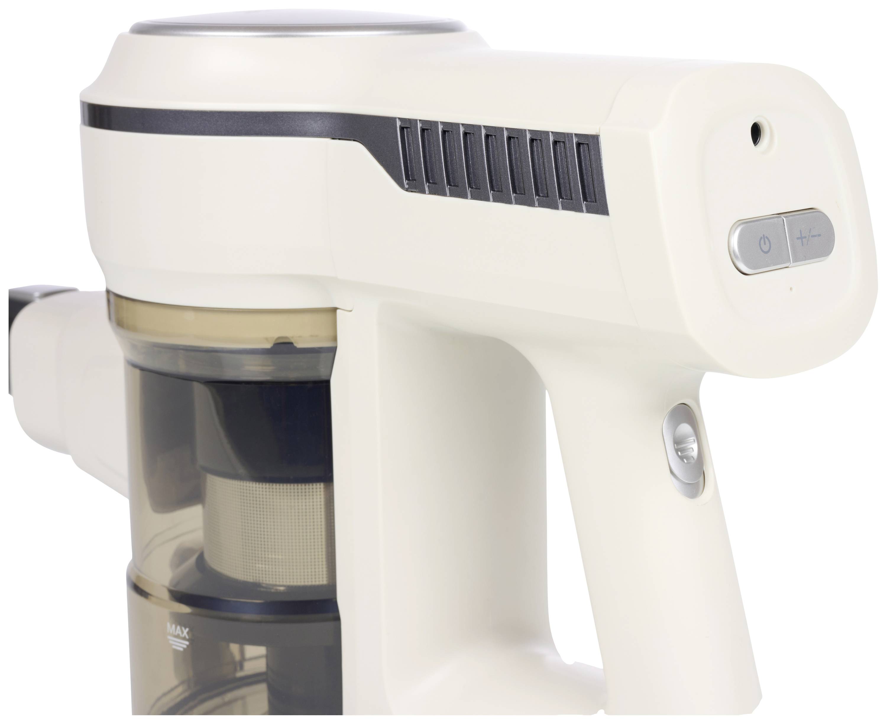 Biely, bezdrôtový vysávač s priehľadnou nádobou na prach, ovládacím tlačidlom, bočným vetraním a ergonomickou rukoväťou.