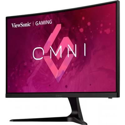 Monitor ViewSonic GAMING OMNI s zakrivením, s čiernou podstavou, na červenom pozadí.