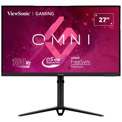 Herný monitor značky ViewSonic s 27-palcovou obrazovkou, obnovovacou frekvenciou 180 Hz a technológiou AMD FreeSync Premium, zobrazený v červenom tóne.