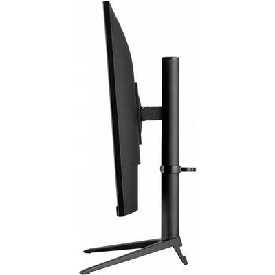 Pohľad zboku na čierny počítačový monitor umiestnený na výškovo nastaviteľnom stojane. Monitor je štíhly a moderne navrhnutý.
