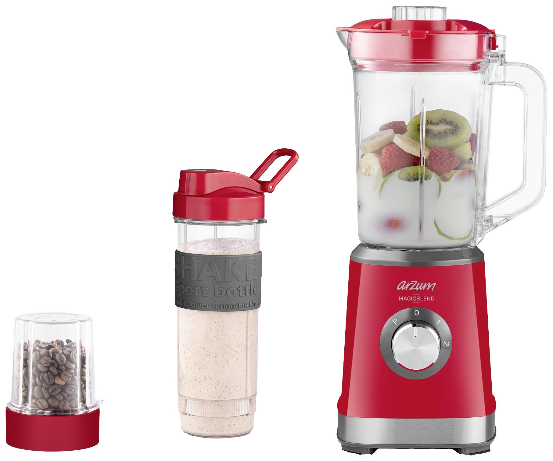 Červený stolový mixér s nádobami plnými ovocia, športová fľaša so smoothie a malá nádoba s kávovými zrnami sú vedľa seba.