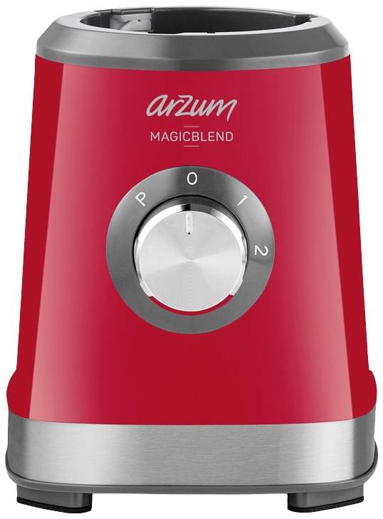 Červený mixér so strieborným otočným gombíkom a nastaveniami 'P', '0', '1', '2'. Značka 'Arzum Magicblend' viditeľná hore.