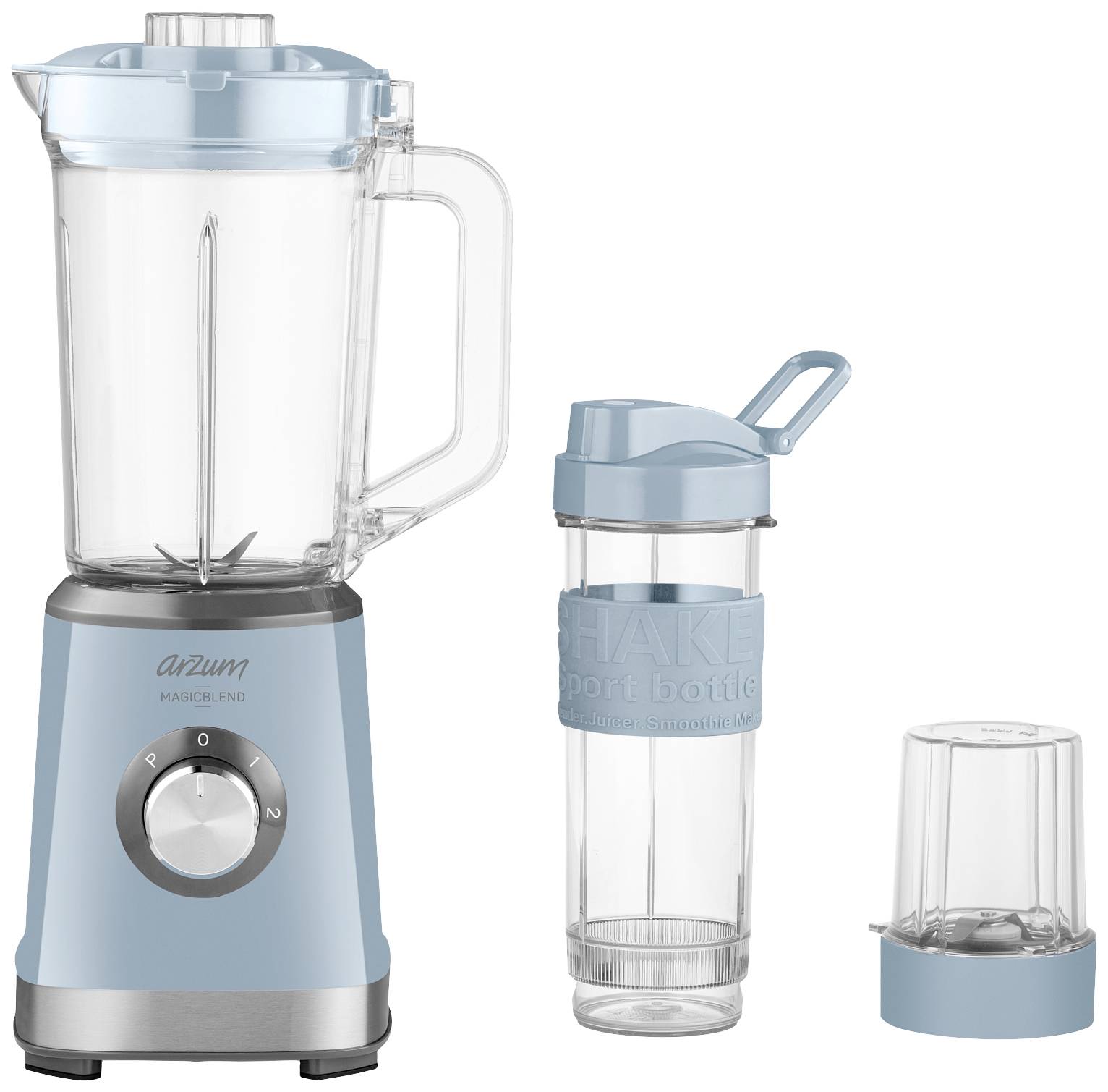 Modrý mixér s veľkou mixovacou nádobou, odnímateľnou športovou fľašou a malým sekáčikom. Ideálny pre smoothie.