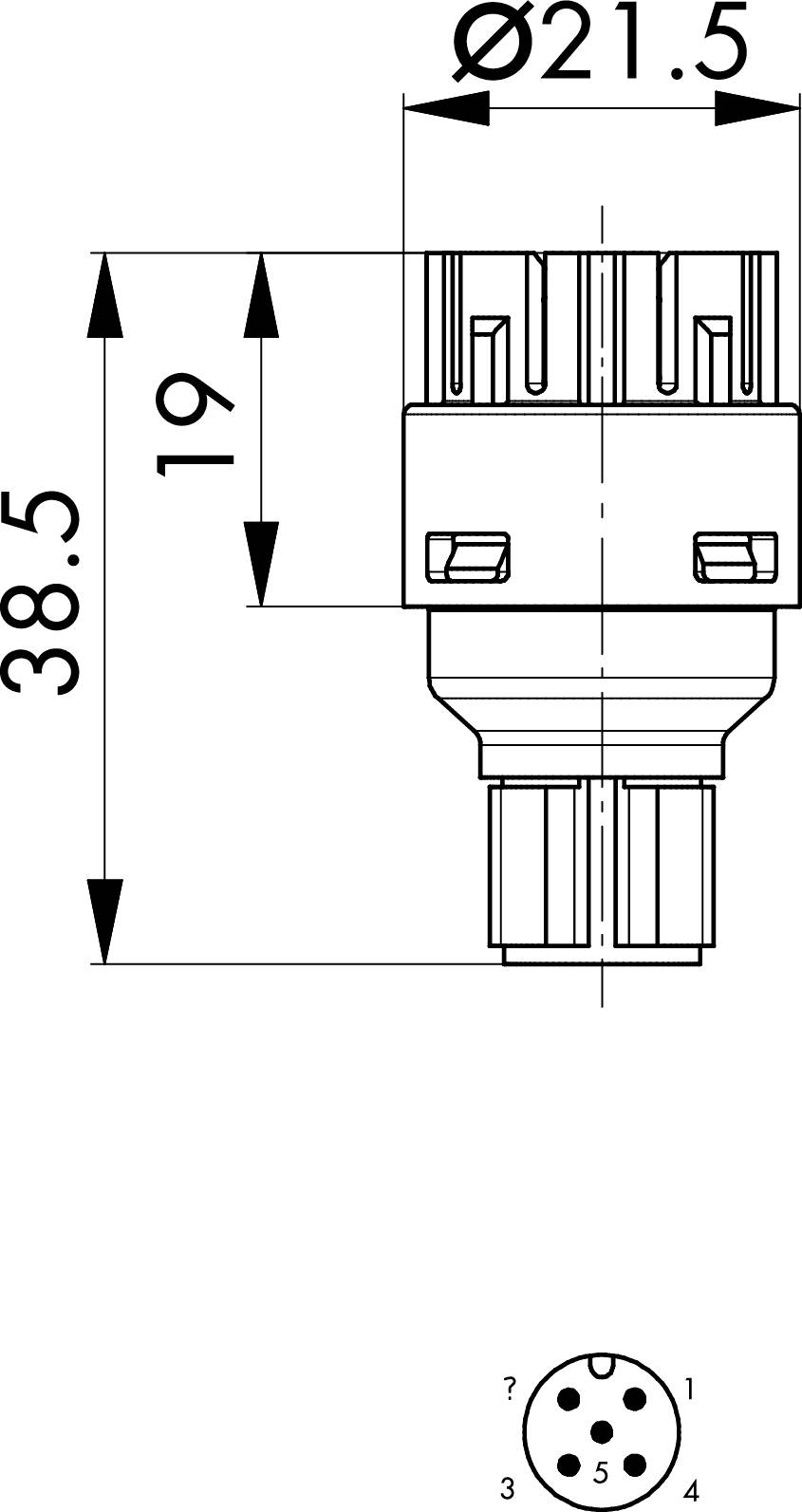 Výkres valcového konektora s rozmermi: priemer 21,5 mm, dĺžka 38,5 mm. Zobrazuje 5-pólovú pripojovaciu časť dole.