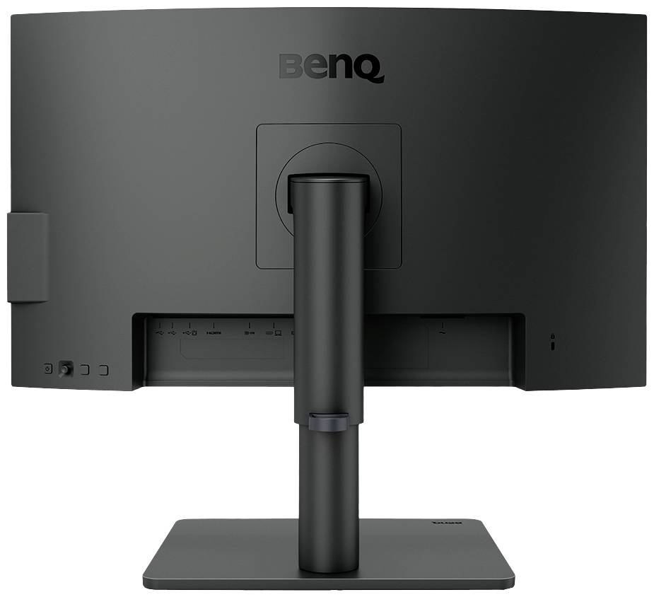 Pohľad zozadu na čierny monitor BenQ s minimalistickým dizajnom. Stojan je nastaviteľný, žiadne viditeľné káble.