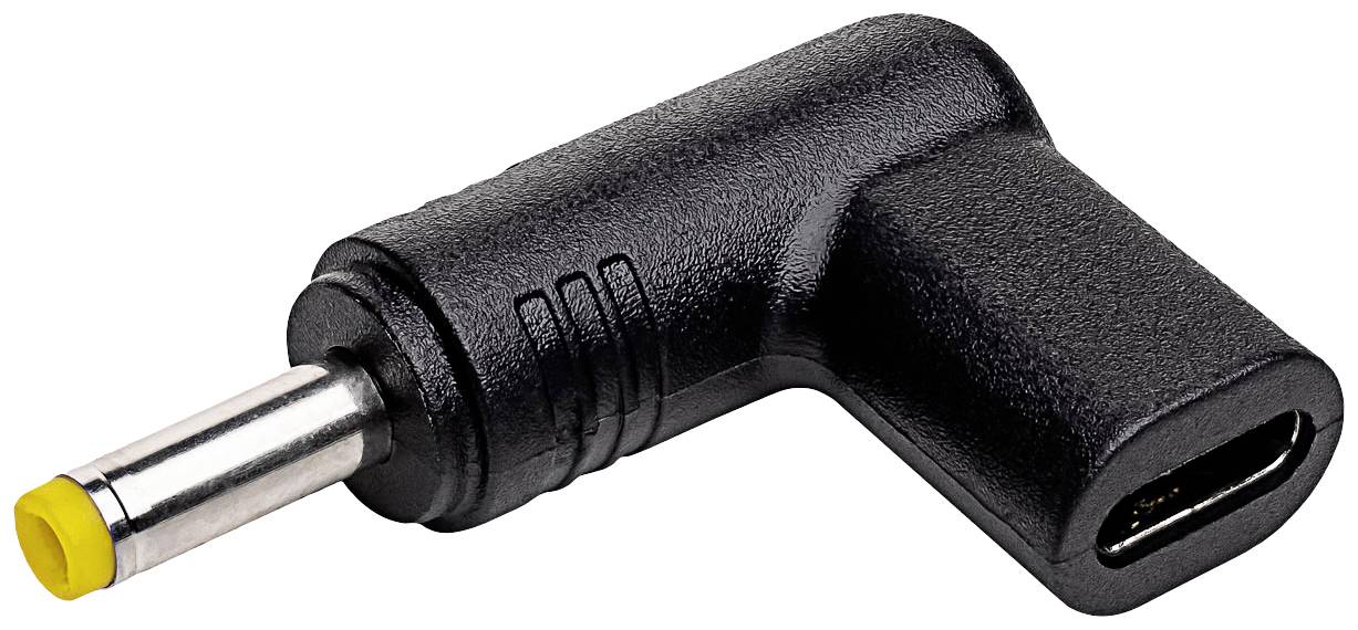 Čierny 90-stupňový DC sieťový adaptér so žltým konektorom a USB-C portom, vhodný pre elektronické príslušenstvo.