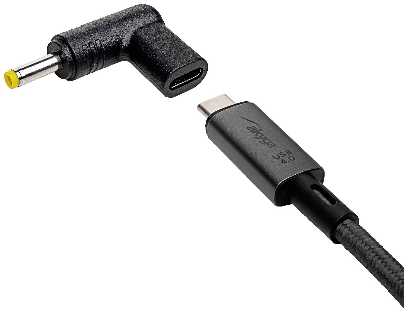 USB-C na DC napájací kábel. Vľavo DC konektor, vpravo USB-C zástrčka.