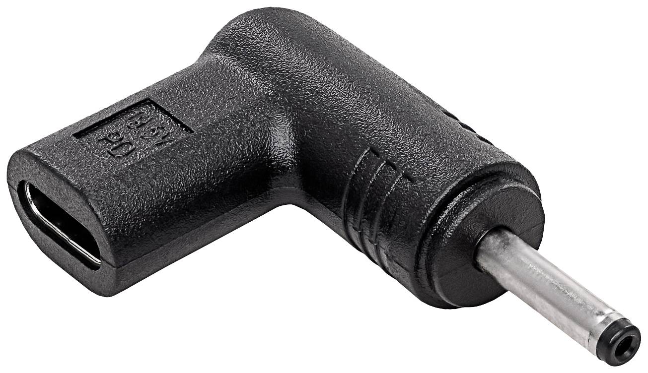 Čierny 90-stupňový adaptér s USB-C zásuvkou a guľatým konektorom.