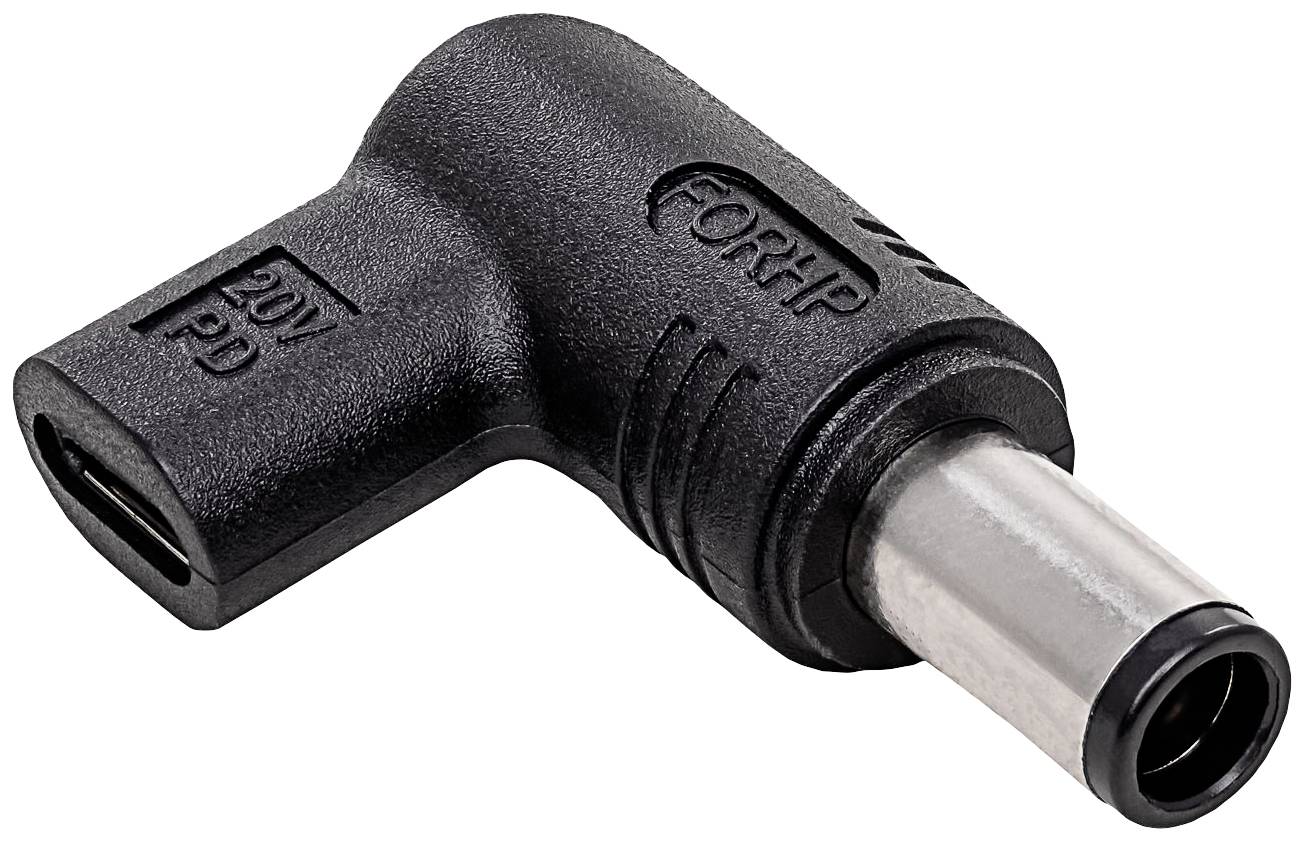 Čierny adaptér s konektorom USB-C na jednej strane a okrúhlym kovovým konektorom na druhej strane, kompatibilný s produktmi HP.