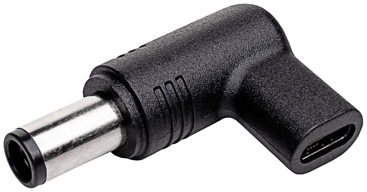 Čierny adaptér s valcovitým kovovým konektorom a pravouhlou USB-C zásuvkou v uhlovom prevedení.
