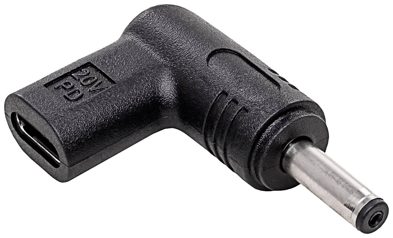 Čierny adaptér s USB-C konektorom na jednej strane a valcovitou zástrčkou na strane druhej.