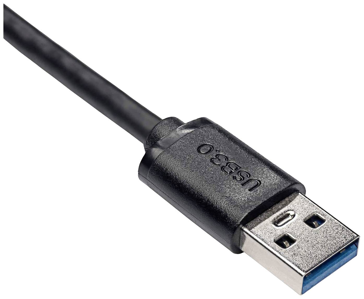 USB 3.0 kábel s čiernym konektorom a plastovým obalom, ktorý zobrazuje typický obdĺžnikový tvar USB pripojenia.