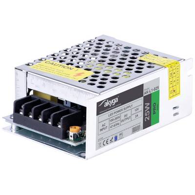 Strieborný kovový LED napájací zdroj s vetracími otvormi. Nálepky ukazujú: '25W', '12V', '2A', 'LED NAPÁJACÍ ZDROJ', 'POZOR'. Malá, obdĺžniková škatuľka s pripojovaciemi svorkami.