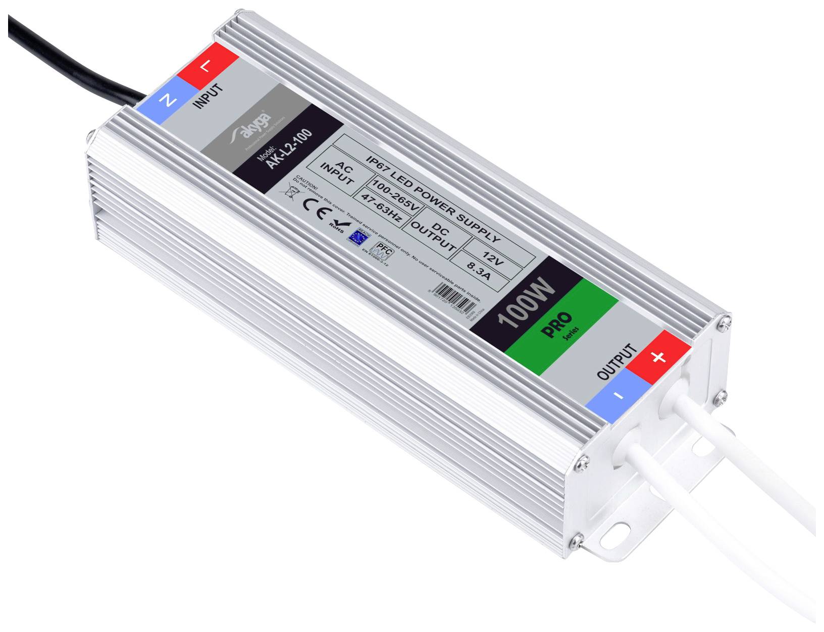 LED napájací zdroj od ZG Lighting, model AXA120-048R, výstupný výkon 100W, strieborné puzdro, označenia pre vstupnú a výstupnú stranu.