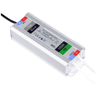 LED napájací zdroj od ZG Lighting, model AXA120-048R, výstupný výkon 100W, strieborné puzdro, označenia pre vstupnú a výstupnú stranu.
