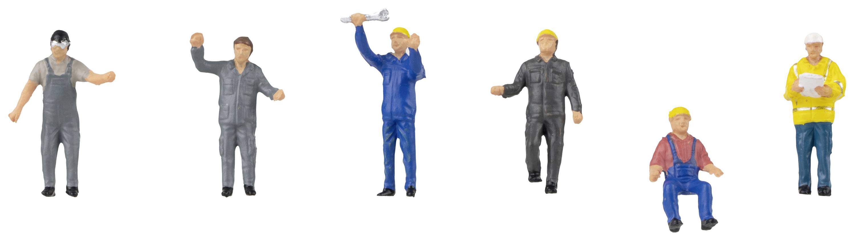 Šesť miniatúrnych figúrok robotníkov v rôznych pózach a pracovnom oblečení, vrátane jedného s kľúčom a jedného so schránkou na dokumenty.