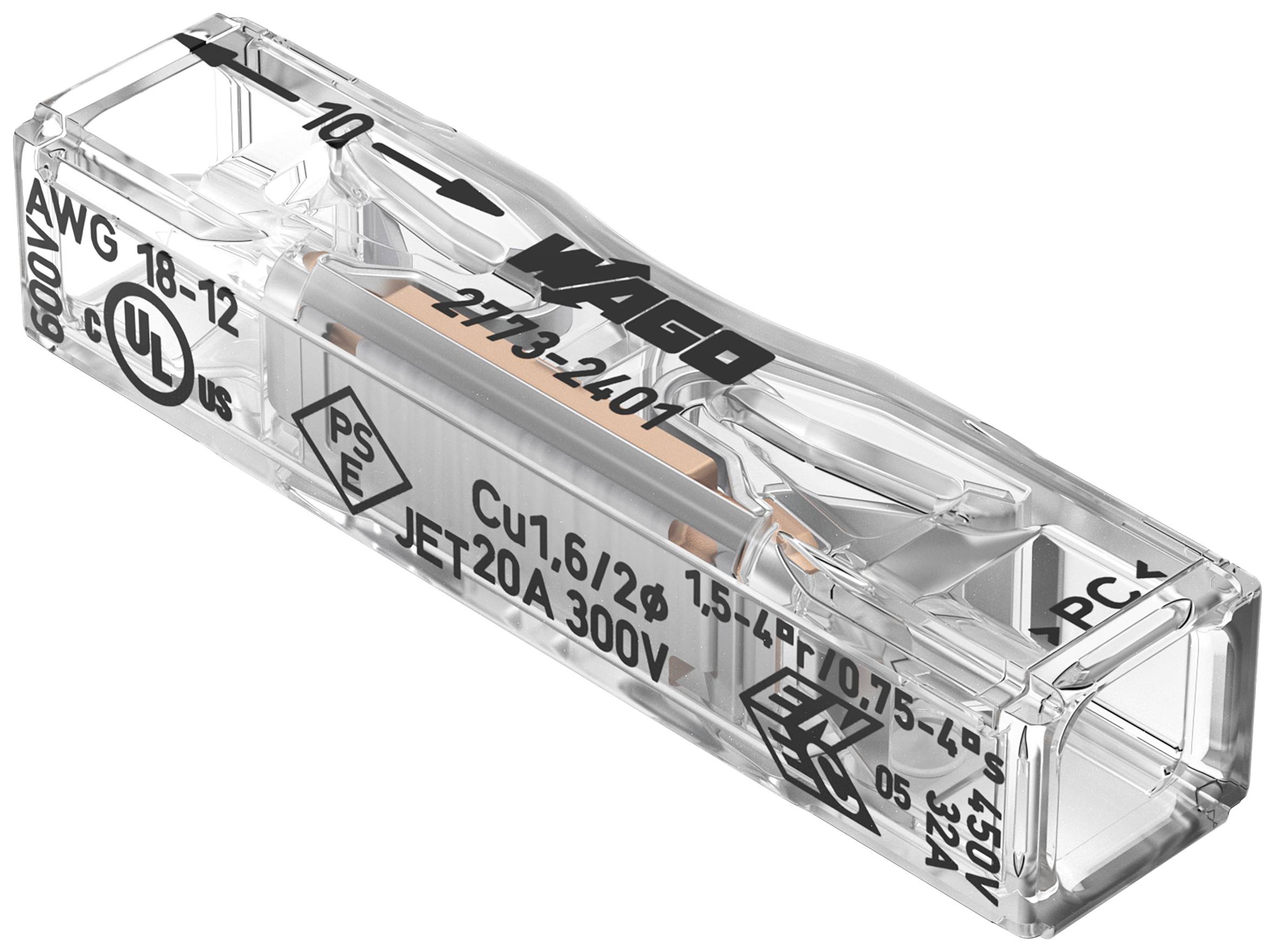 Priehľadná svorka WAGO, model 221-2401, pre medené vodiče 1,6-2,6 mm², napätie 300 V, certifikovaná UL a EN.