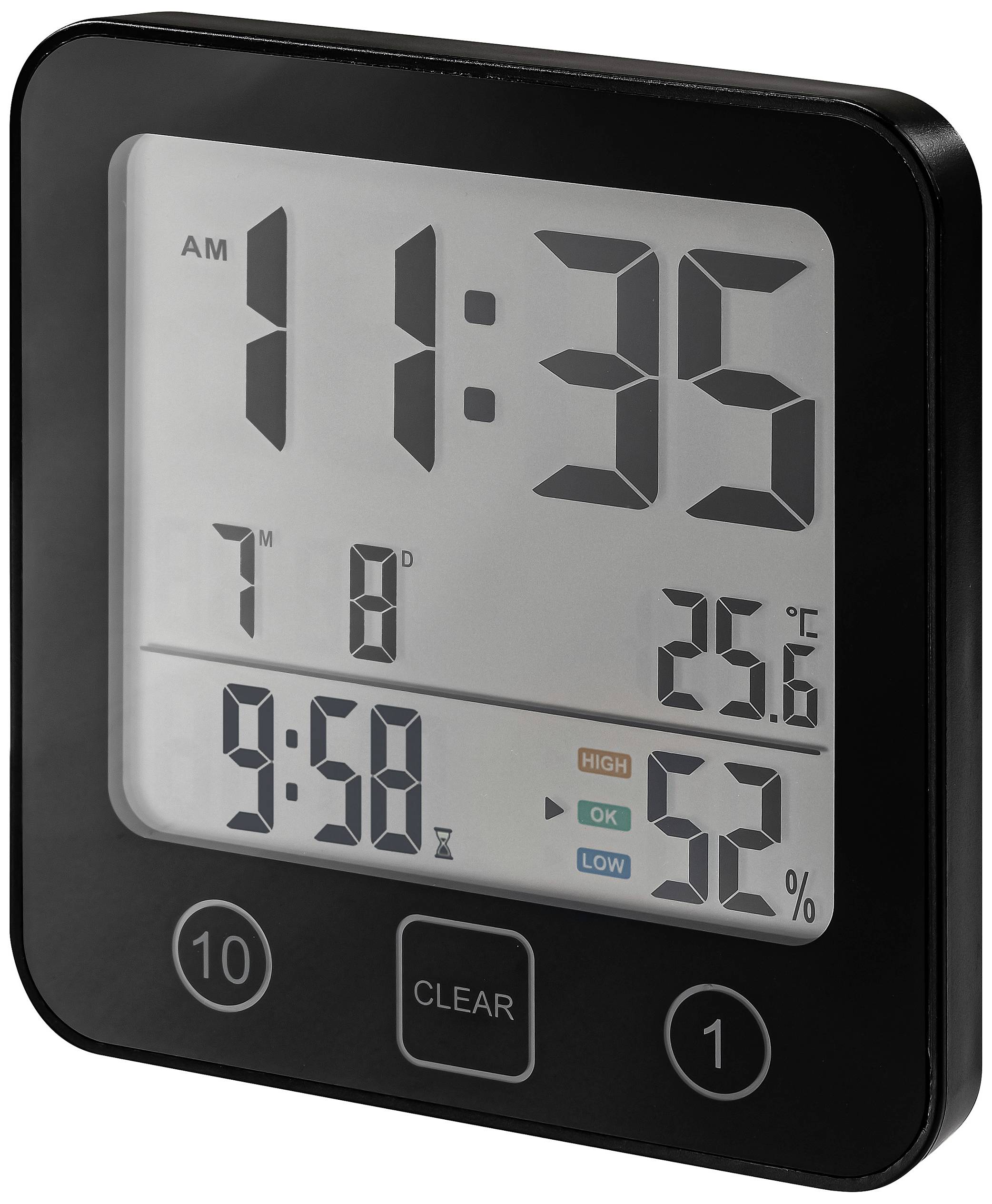 Digitálny meteorologický monitor zobrazuje čas 11:35, dátum 7.8., teplotu 25,6°C a vlhkosť vzduchu 52%. Zobrazuje "HIGH" a "LOW".