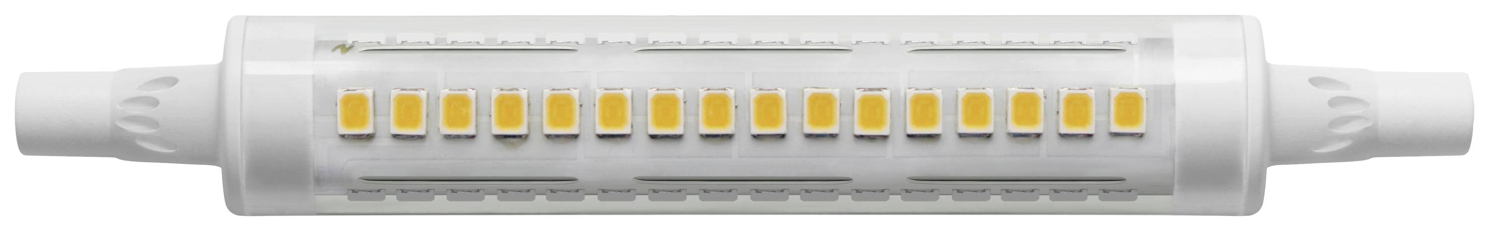 LED trubica v valcovitom tvare s viacerými žltými svetelnými segmentmi. Konce sú biele a symetricky tvarované.