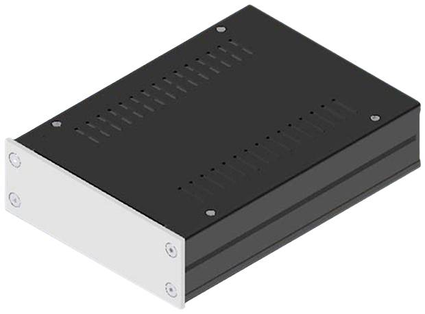 Čierny, obdĺžnikový kovový kryt so strieborným predným panelom, vhodný na umiestnenie elektronických zariadení.