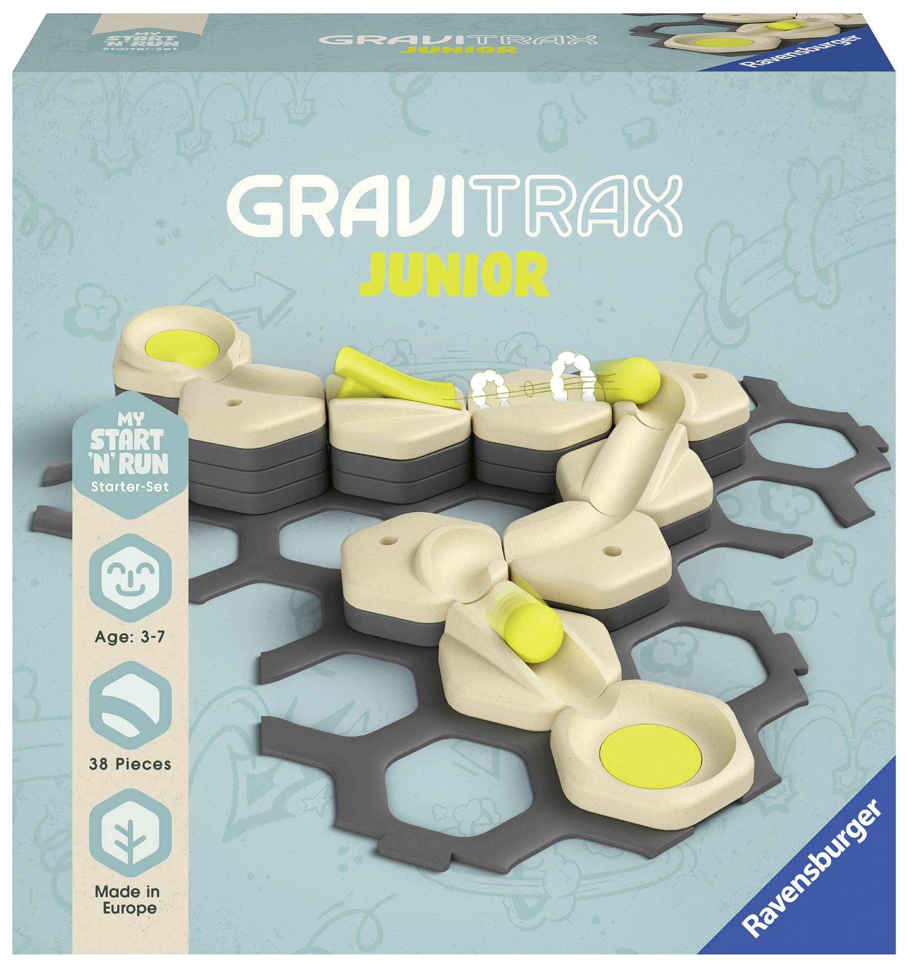 Obrázok ukazuje GraviTrax Junior set v modrej farbe. Ilustrácia zobrazuje guľôčkovú dráhu so žltými a sivými prvkami. Balenie zdôrazňuje "Junior" a je určené deťom vo veku 3-7 rokov.