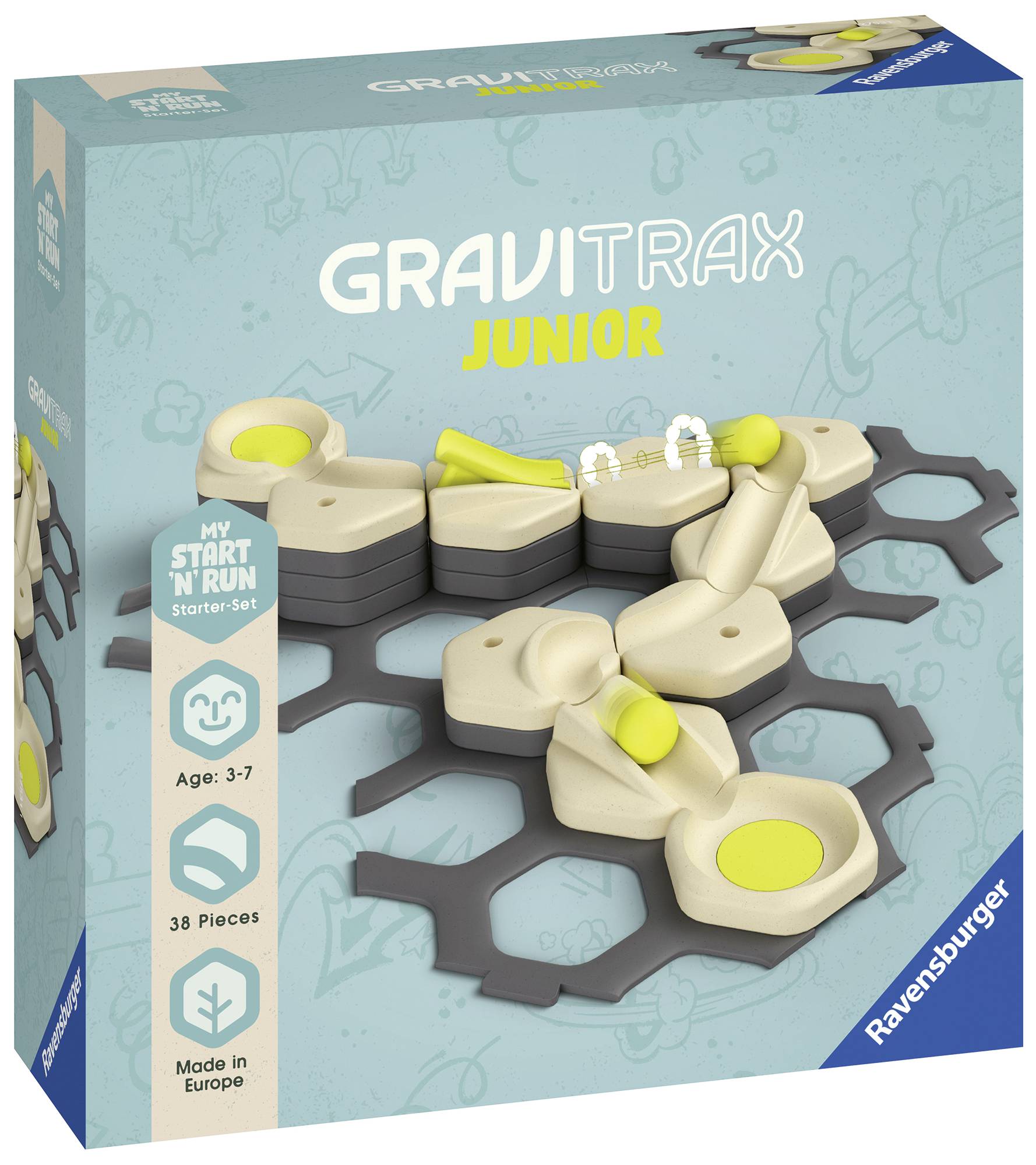 Hračkárska súprava série 'GraviTrax Junior' od Ravensburger, vhodná pre deti vo veku 3-7 rokov, obsahuje 38 dielov.