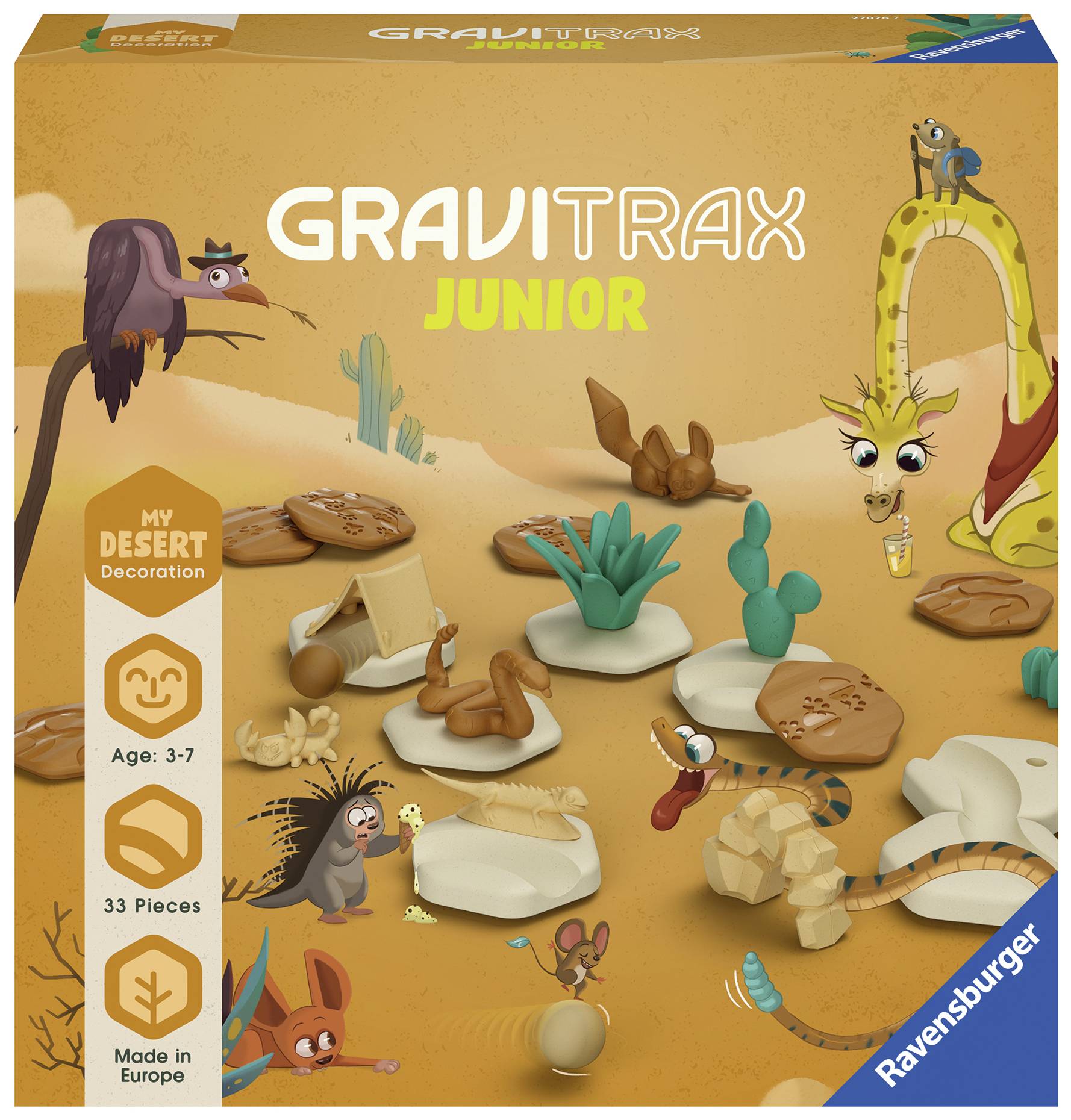 Obrázok ukazuje obal Ravensburger 'GraviTrax Junior'. Vhodné pre deti vo veku 3-7 rokov. 33 dielov v púšťovej tematike. Vyrobené v Európe.